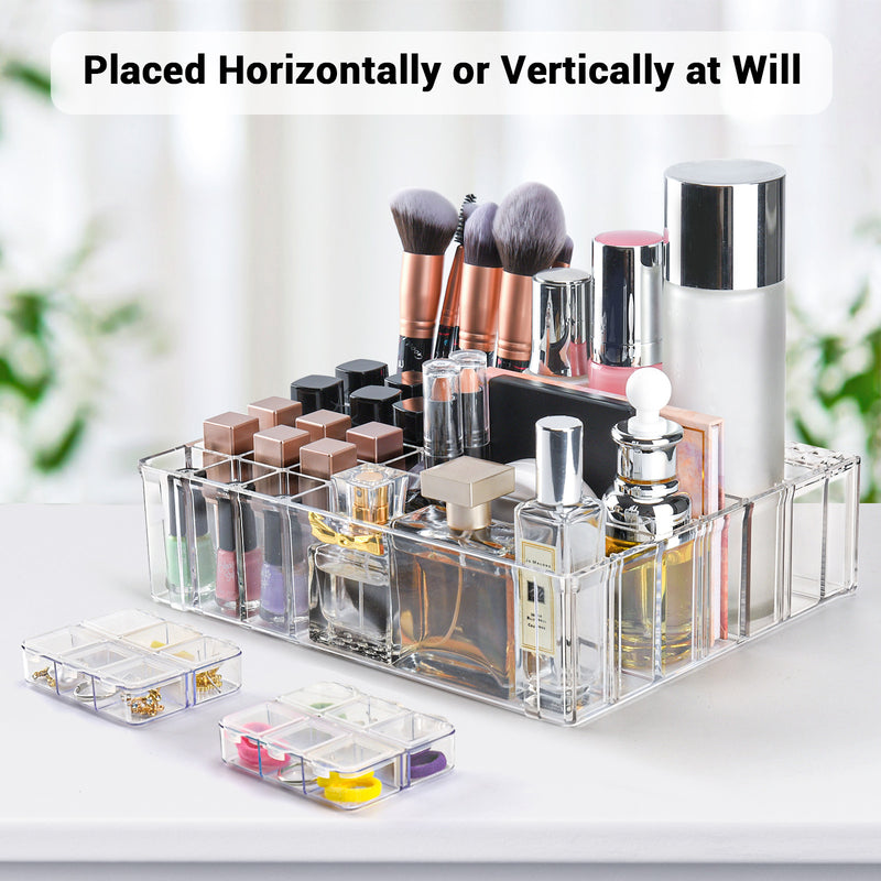 Clear Makeup Organizer - Cosmetic Display Cases Makeup Stand Brush Holder Perfume Organizers with 2pcs Jewelry Organizer for Lipstick Lotions Eyeshadow Nail Polish Hair Accessories