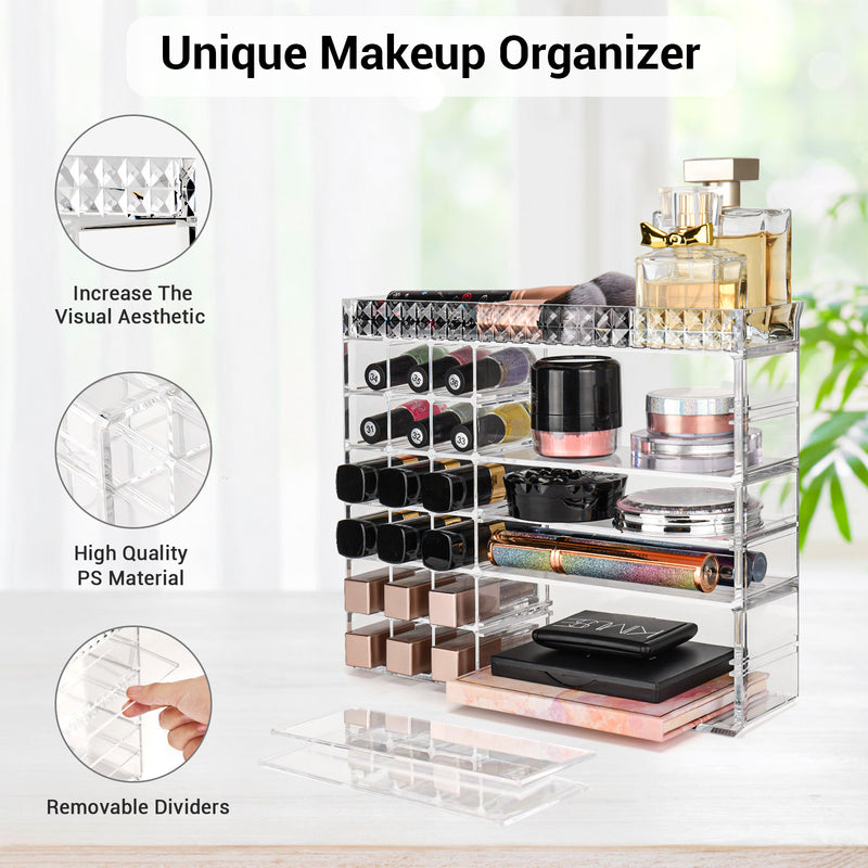 Clear Makeup Organizer - Cosmetic Display Cases Makeup Stand Brush Holder Perfume Organizers with 2pcs Jewelry Organizer for Lipstick Lotions Eyeshadow Nail Polish Hair Accessories