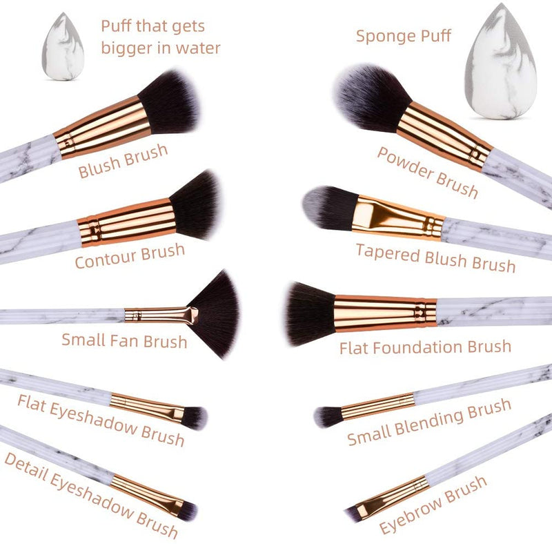 HEYMKGO Professional 10PCS Marble Makeup Brush Set + 2 Sponge Puff + Marble Pattern Cosmetics Bag - DUAIU Shop