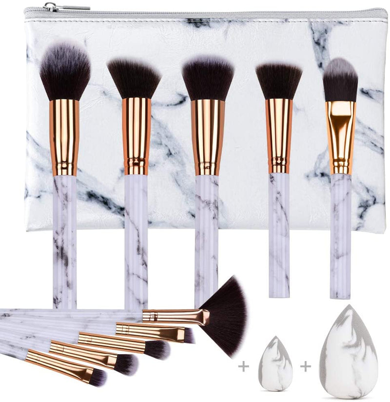 HEYMKGO Professional 10PCS Marble Makeup Brush Set + 2 Sponge Puff + Marble Pattern Cosmetics Bag - DUAIU Shop