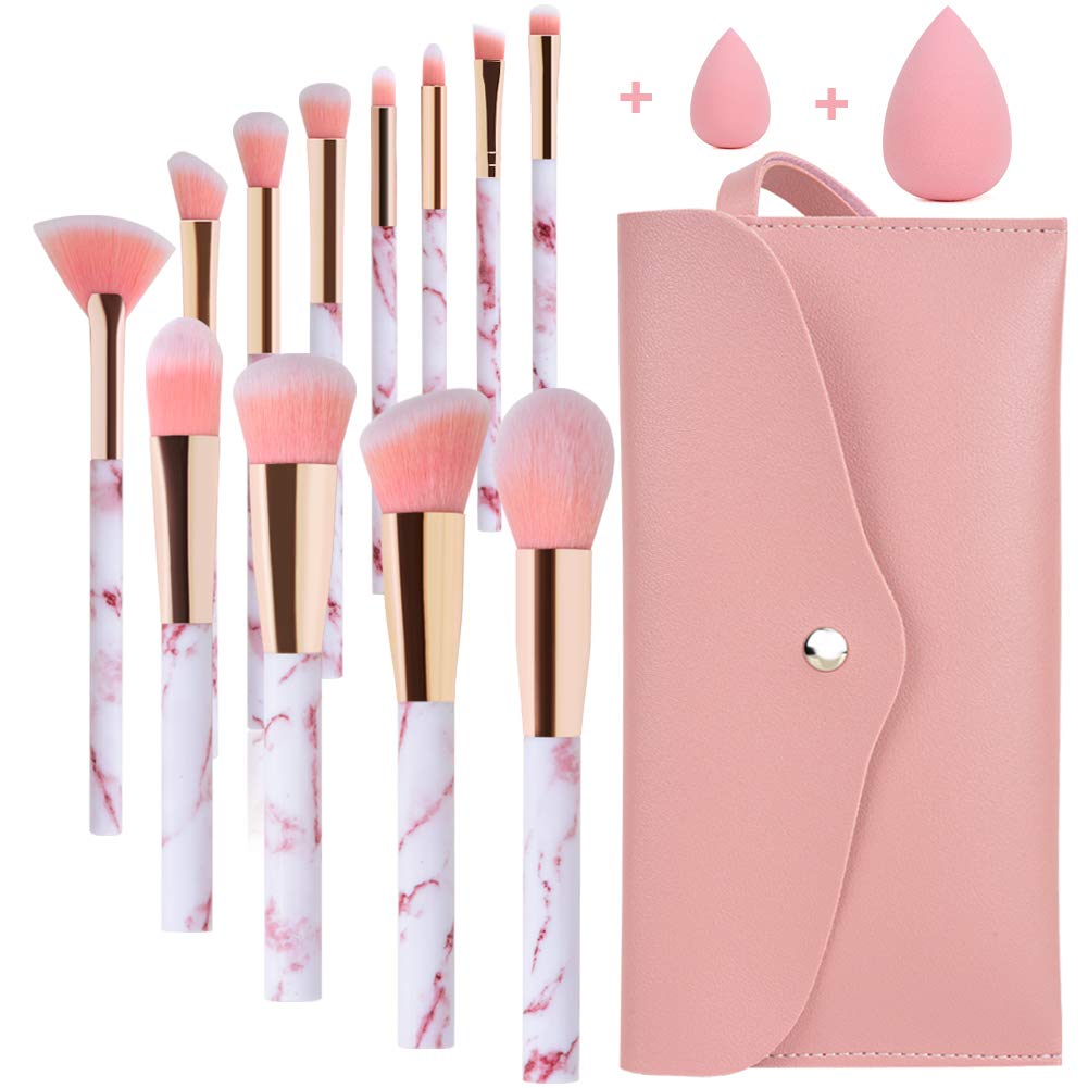 12Pcs Pink Marble Makeup Brush with Beauty Blender and Cosmetic Bag - DUAIU Shop