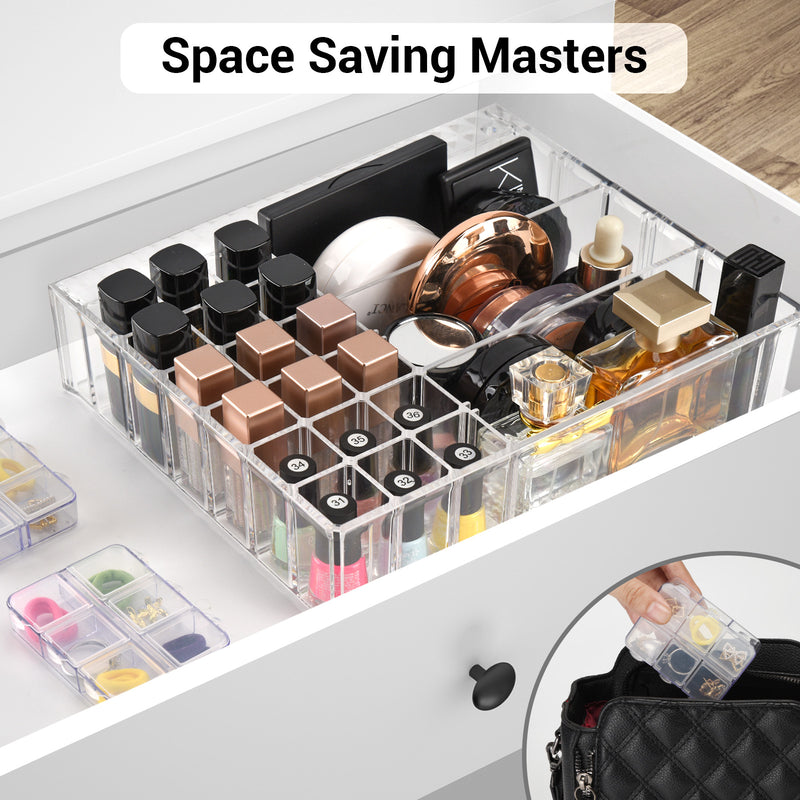 Clear Makeup Organizer - Cosmetic Display Cases Makeup Stand Brush Holder Perfume Organizers with 2pcs Jewelry Organizer for Lipstick Lotions Eyeshadow Nail Polish Hair Accessories