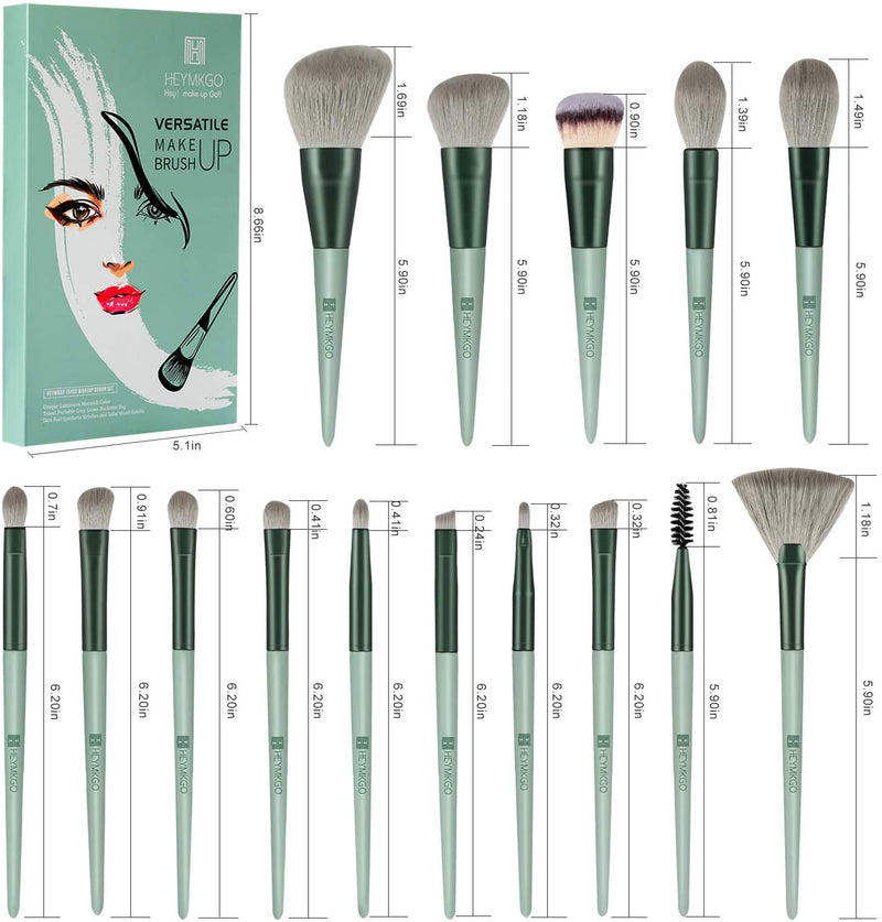 HEYMKGO 15pcs Makeup Brush Set Premium Synthetic Bristles Green Color Conical Handle with Portable Drawstring Flannel Bag - DUAIU Shop