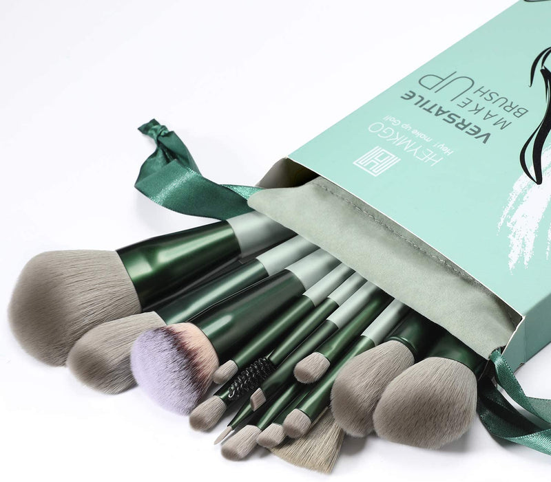 HEYMKGO 15pcs Makeup Brush Set Premium Synthetic Bristles Green Color Conical Handle with Portable Drawstring Flannel Bag - DUAIU Shop