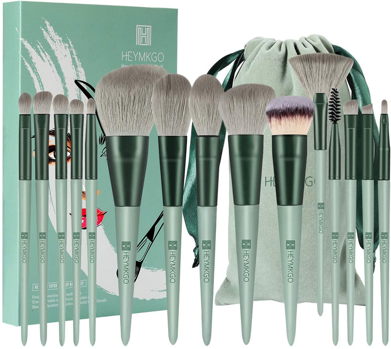 HEYMKGO 15pcs Makeup Brush Set Premium Synthetic Bristles Green Color Conical Handle with Portable Drawstring Flannel Bag - DUAIU Shop