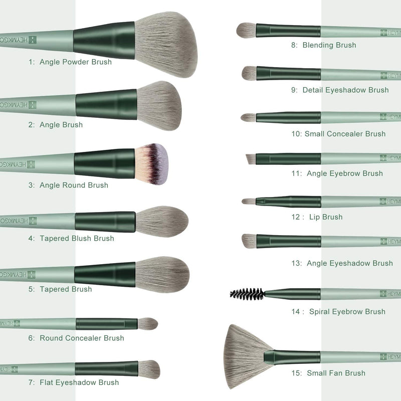 HEYMKGO 15pcs Makeup Brush Set Premium Synthetic Bristles Green Color Conical Handle with Portable Drawstring Flannel Bag - DUAIU Shop